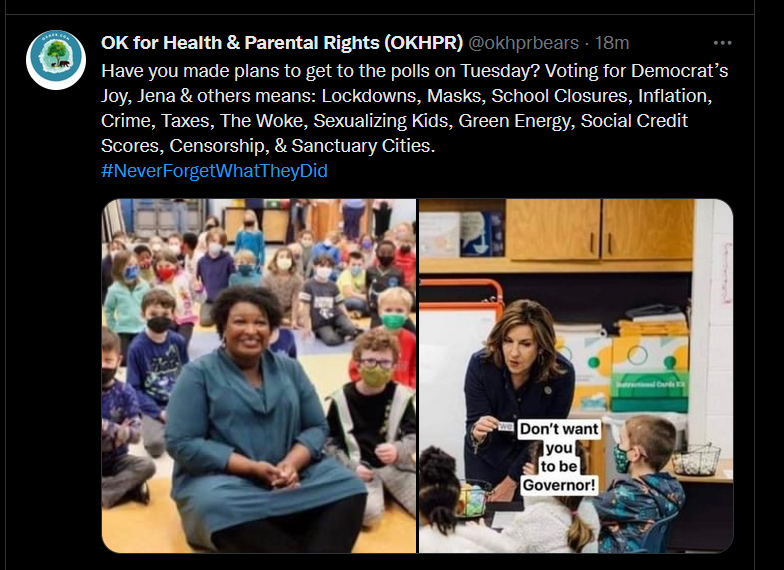 Have you made plans to get to the polls on Tuesday? Voting for Democrat’s Joy, Jena & others means: Lockdowns, Masks, School Closures, Inflation, Crime, Taxes, The Woke, Sexualizing Kids, Green Energy, Social Credit Scores, Censorship, & Sanctuary Cities.