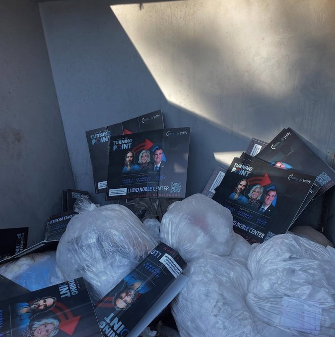 Silence is complicity. We MUST defund OU: @TPUSA_OU signs found in the dumpster. This is disgusting.